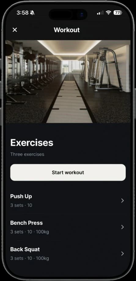 Adapt app workout screen listing push up, bench press and back squat