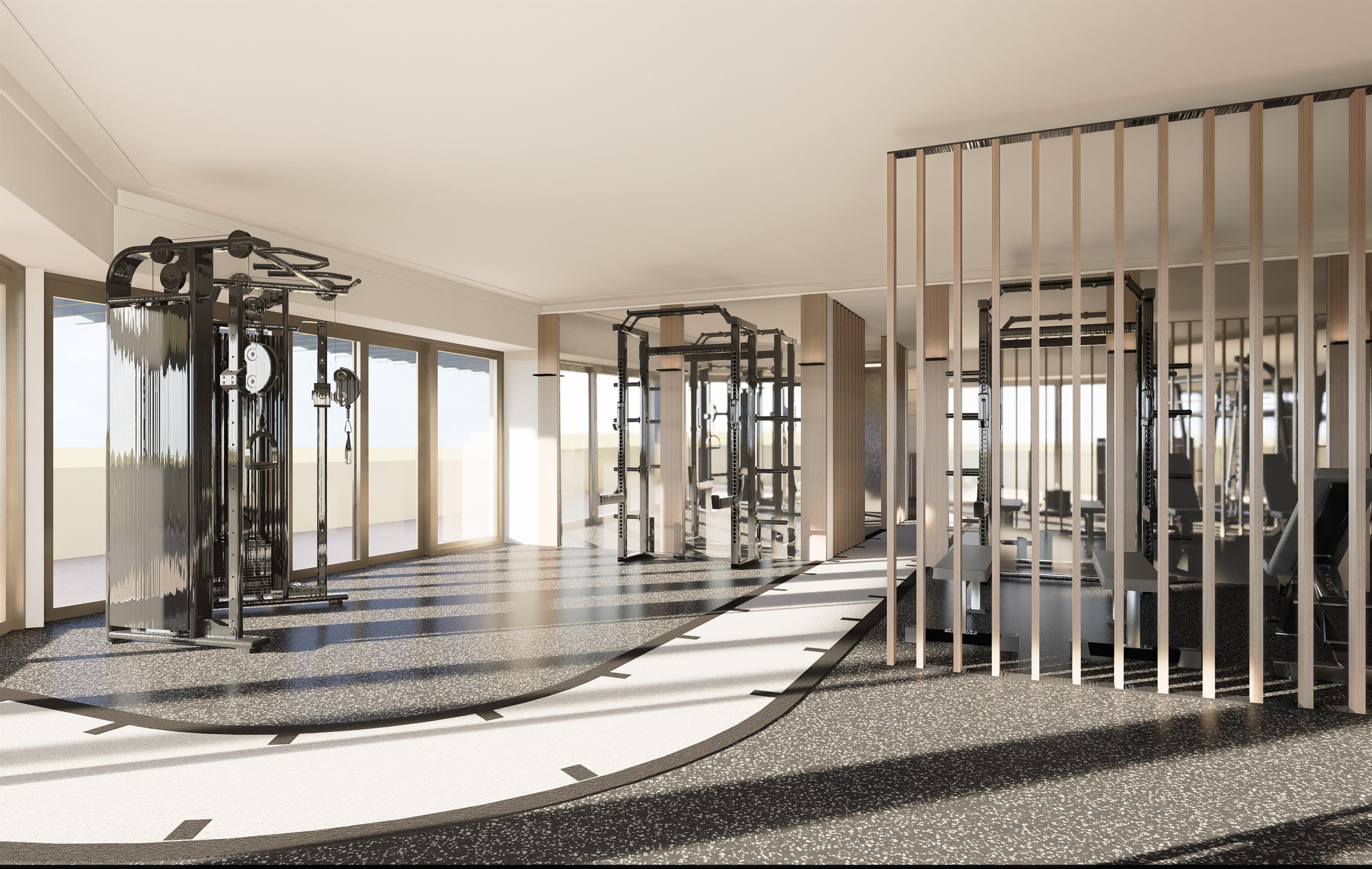 Render of the gym floor with rigs and a training track at Adapt, North Sydney